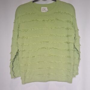 EK by Edinburgh Knitwear Light Lime Green Stripe Fringe Crew Sweater Size S